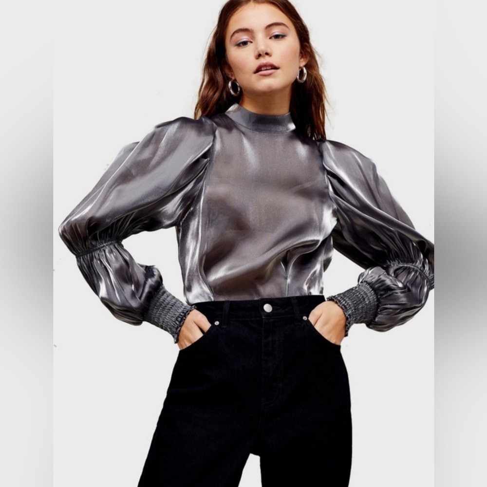 Topshop Mock Neck Puff Sleeve Blouse